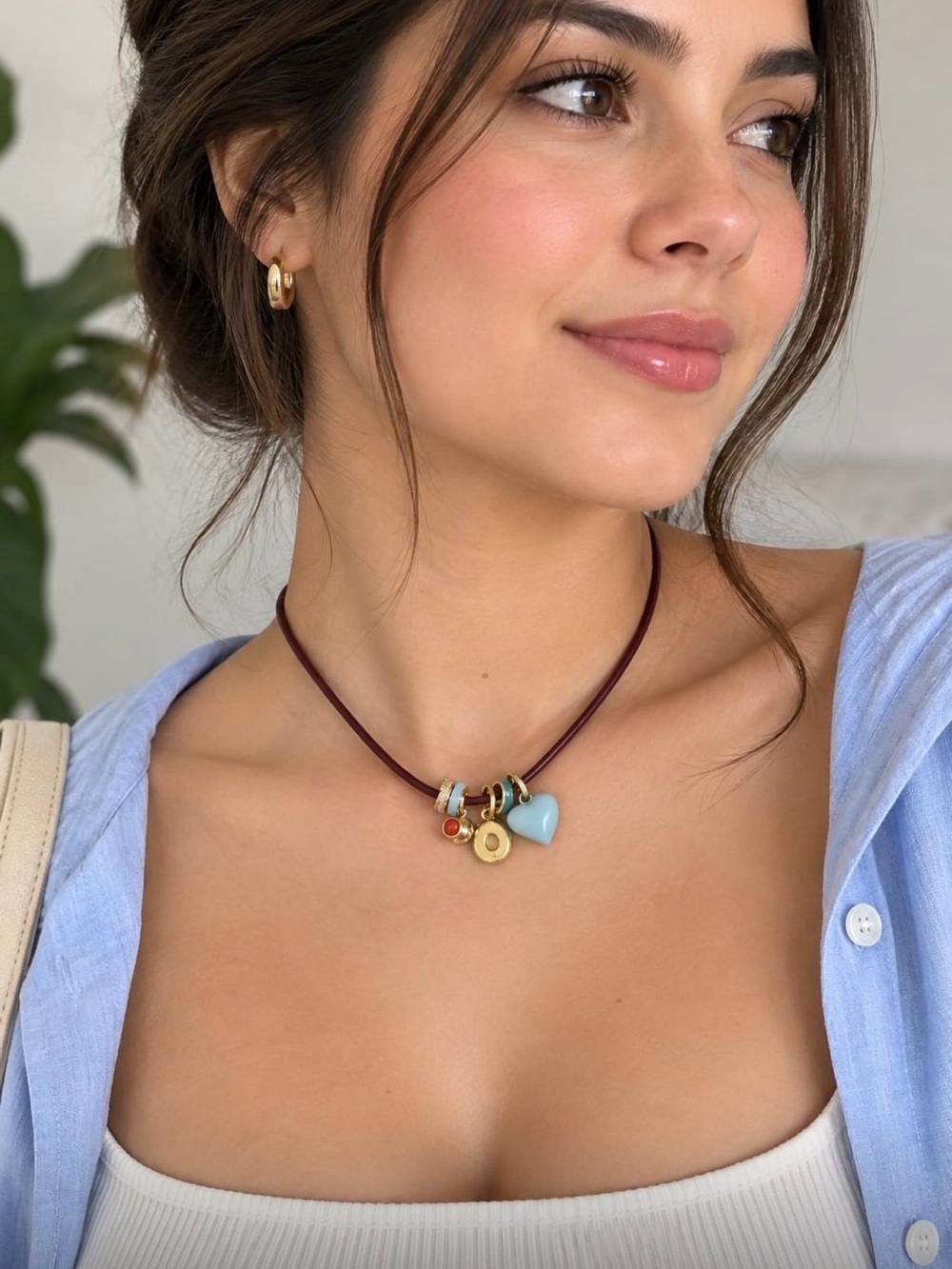 Roxanne Assoulin Brown Leather Choker with Blue Heart and Gold Charms NEW